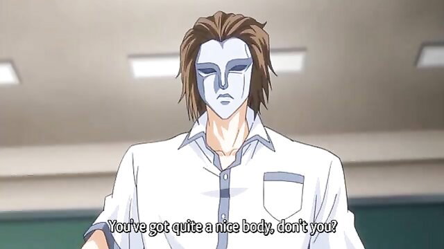 Masked anime man in white shirt compliments body in hentai gangbang