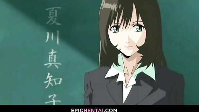 Hot anime teacher in suit at chalkboard, JAV style