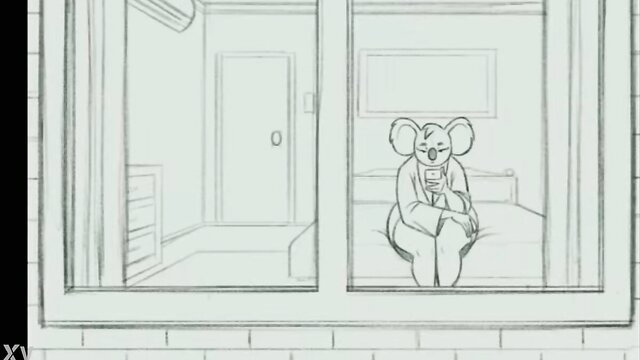 Cute anthropomorphic koala girl sits on bed holding phone, solo tease