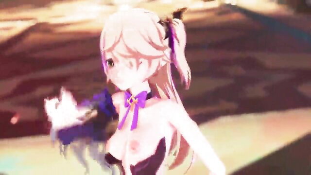 Genshin Impact Fischl R18 MMD hentai, topless blonde anime girl with cat