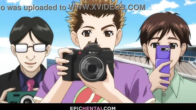 Anime cosplay cafe waitresses selfie with camera on skywalk