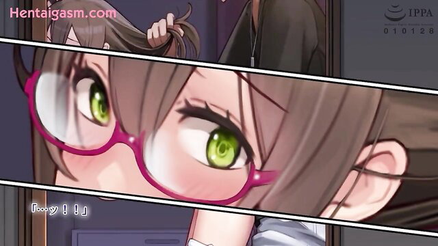 Closeup of busty anime girl's green eyes behind pink glasses in hentai