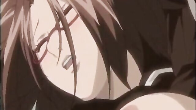 Blushing anime girl with glasses smirks seductively in hentai scene