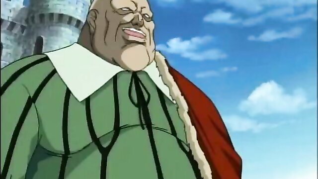 Chubby bald hentai king in green robes on castle tower