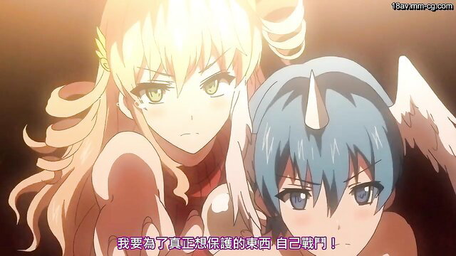 Blonde anime girl gropes blue-haired winged unicorn boy in JAV hentai scene