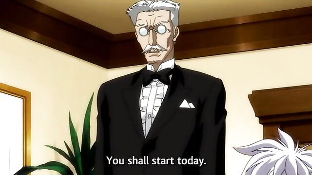 Elderly suited man with mustache tells white-haired shota maid 'You shall start today'