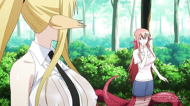 Blonde elf with huge tits and lamia girl in forest Monster Musume scene