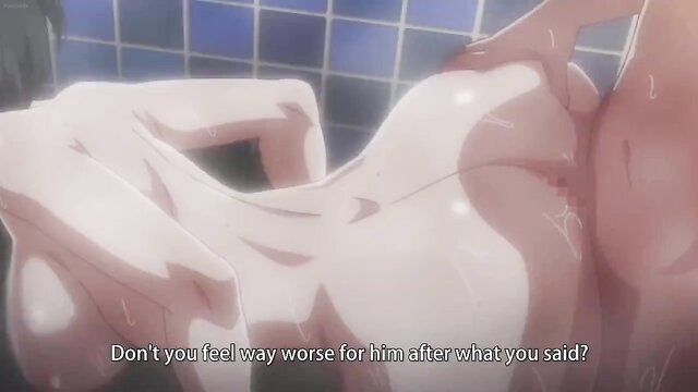 Anime hentai girl in steamy shower with huge tits and ass spread