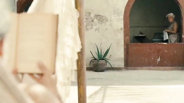 Mature white woman with gray hair reading book in window, nude tease