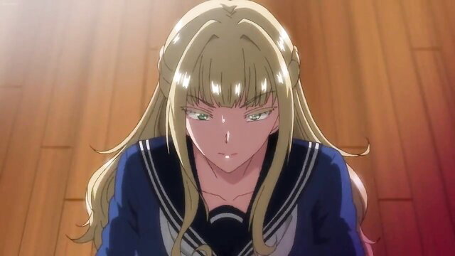 Blonde Japanese schoolgirl in sailor uniform, intense gaze, JAV censored hentai style