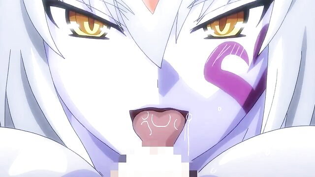 White-haired anime monster girl with markings licks cum-dripping cock close-up