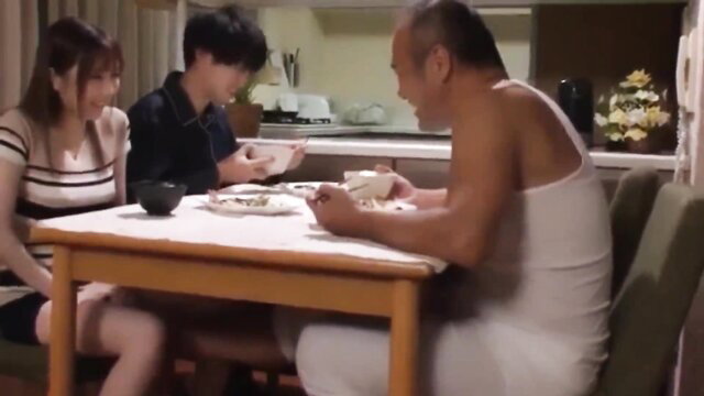 Japanese wife at dinner table with topless father-in-law and husband
