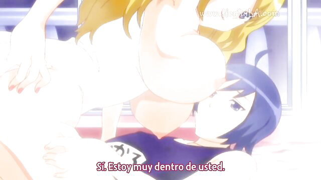 Blonde anime girl breastfeeds blue-haired guy in JAV hentai scene