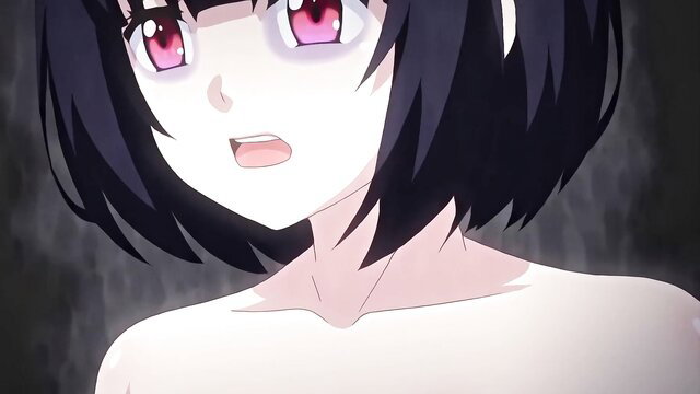 Hanako 2 cute black-haired anime girl with red eyes, open mouth surprise, topless