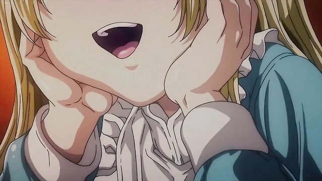 Blonde anime girl in frilly dress with open mouth ahegao face, JAV hentai