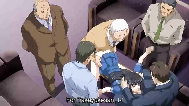 Anime JAV gangbang: blue-haired hentai girl surrounded by suited men in ram x sen ep 2