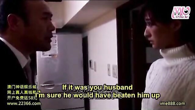 Asian wife in turtleneck talks to suited boss in JAV NTR scene