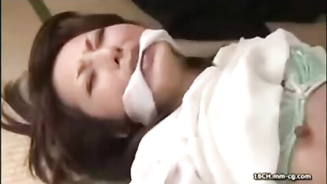 Japanese MILF bound and gagged in white shirt, hardcore BDSM tease