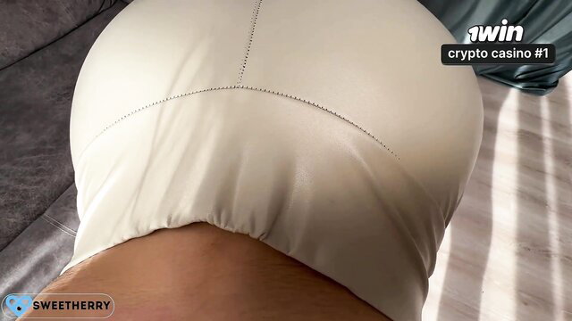 Sweet Herry's big ass in tight white leggings with hole, perfect view