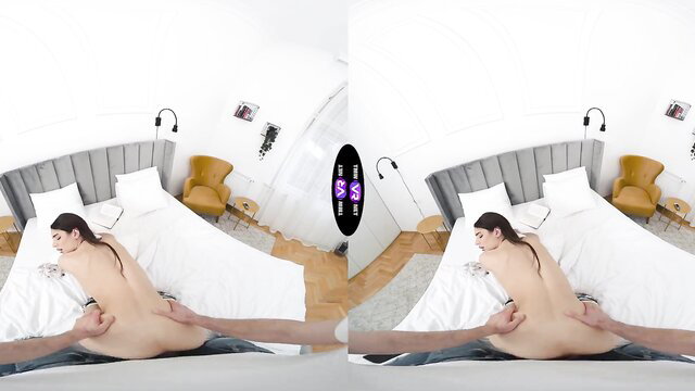 Hot long-haired brunette POV sex, bent over bed