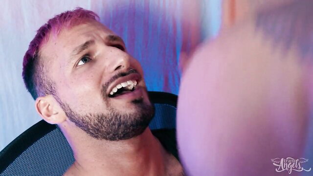 Pink-haired tattooed man smirking with face near nude ass in kinky t-girl sodomy