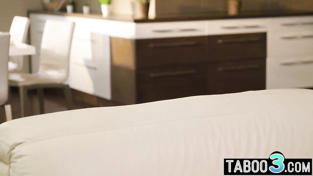 Arousing blond teases assfuck lover on white couch