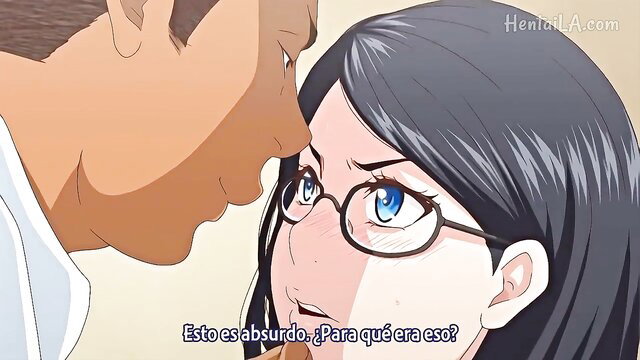 Hentai glasses girl with blue eyes kissed by man closeup