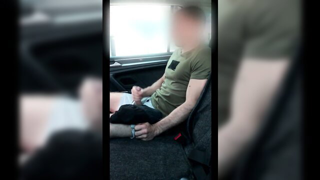 Man secretly jerks off in taxi while driver away, risky public masturbation