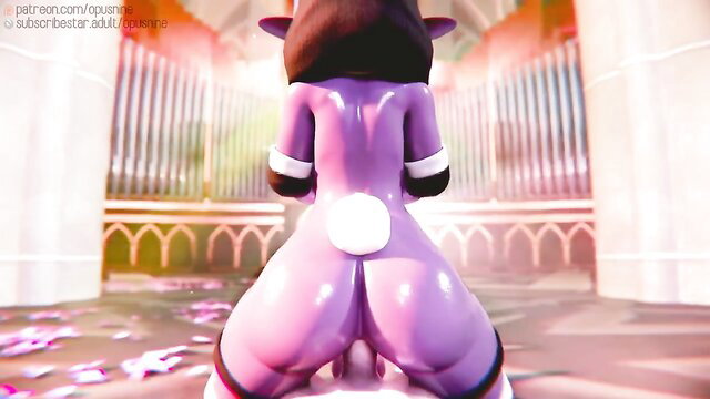 Purple bunny girl with huge ass bent over in church, teasing tail butt view