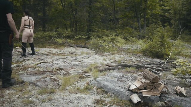 SubCherry BDSM slave in harness carries wood, humiliated outdoors