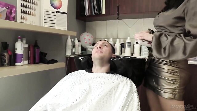 Victoria June washing hair at salon in sexy skirt, hot Latina curves