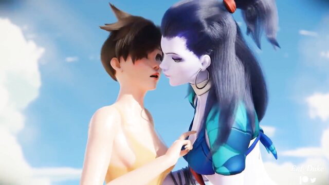 Tracer and Widowmaker Overwatch threesome kissing nude at beach