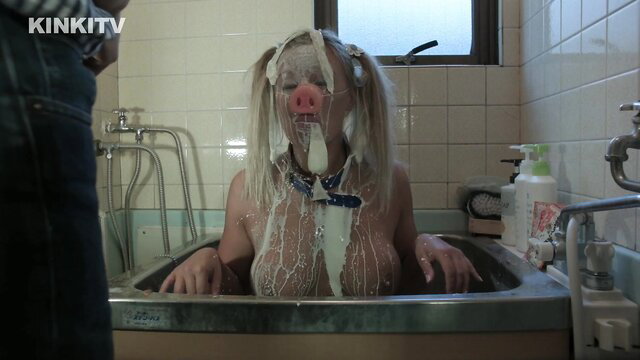 Petgirl Beth pig mask face fuck cum dump in sink bath