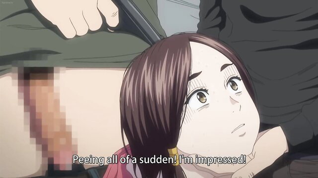 Anime girl looks impressed at man peeing suddenly in JAV scene