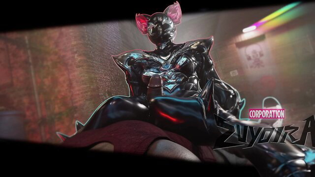 Shiny latex-clad squirrel girl model sits seductively in cyberpunk style