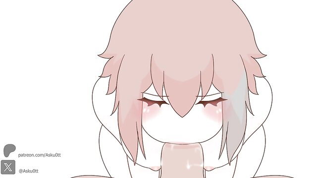 Pink-haired anime girl with wolf ears eagerly sucking cock close-up