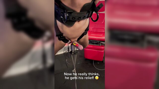 Hot babe in harness straps POV, teasing cock with red seat backdrop
