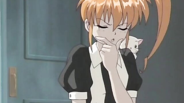 Anime girl with orange ponytail in maid uniform, hand to mouth, white cat behind