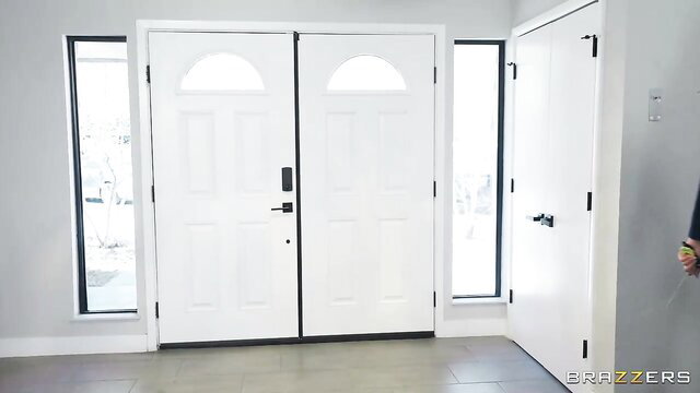 Ryan Reid with Lilith Grace and Aria Sloane at white doors in lesbian cops scene