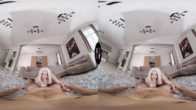 Blonde bombshell with huge tits in VR POV close-up pussy view
