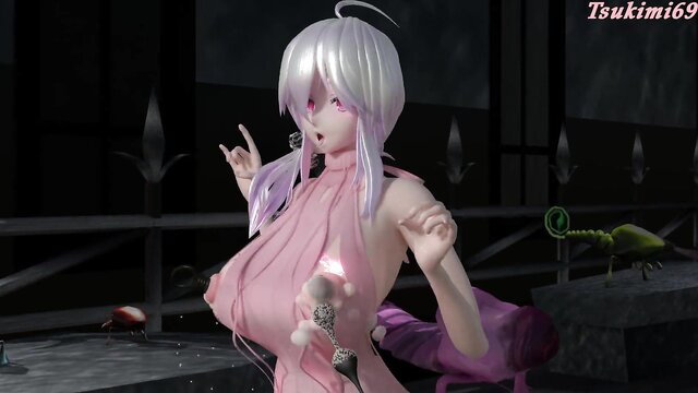 Silver-haired anime girl in pink dress flashing huge tits, seductive pose