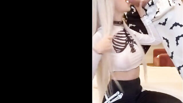 Eva Elfie in sexy Halloween skeleton lingerie cosplay