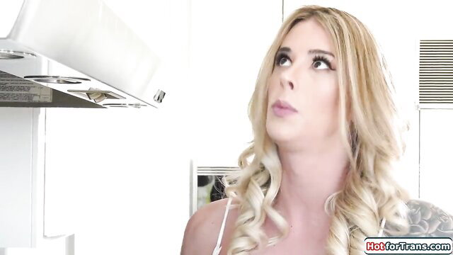 Blonde tgirl Aubrey Kate looking up in kitchen, hot Transfixed thumbnail