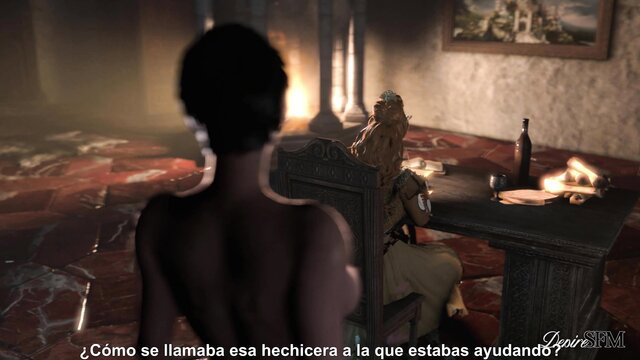 Nude back view of sexy blonde witch at desk in dark fantasy scene