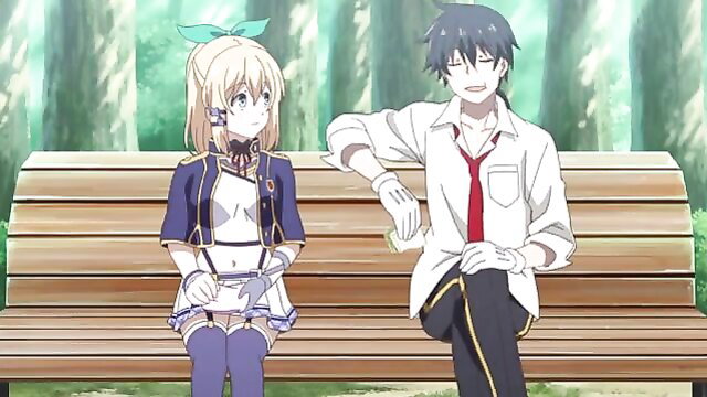 Blonde anime girl in sexy uniform sits with smiling guy on bench in Akashic Chronicles ep 5