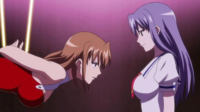 Asuka in red dress suspended facing Rei in school uniform in Aika Zero hentai