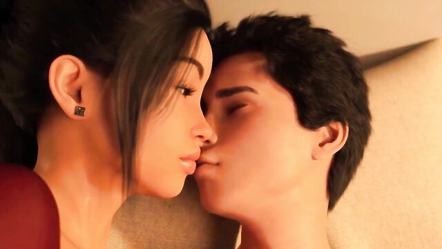 Asian animated couple in close-up kiss before wild hentai sex