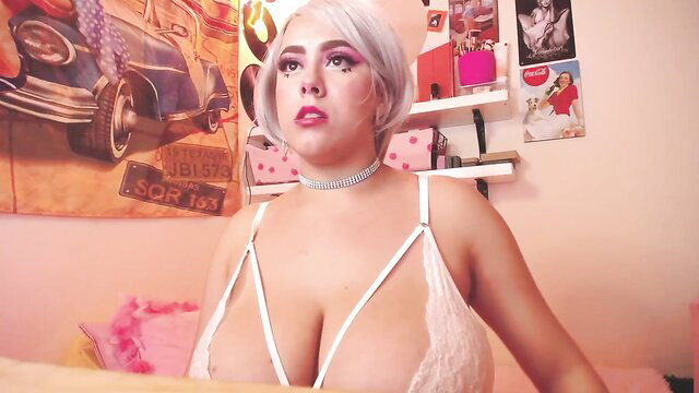 Chubby blonde MILF in white lace lingerie showing huge tits homemade solo