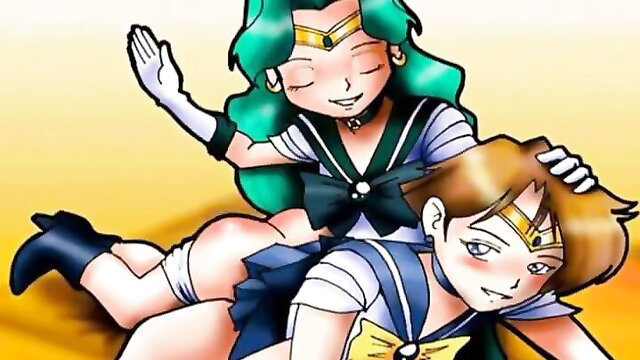 Sailor Pluto rides and spanks Sailor Uranus in skimpy sailor fuku ass play