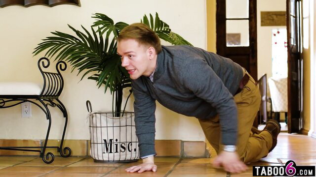 Young guy perving on naughty MILF in gray sweater and khakis on all fours